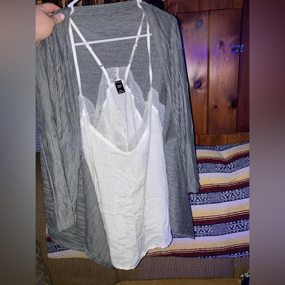 White tank top with lace and a grey cardigan